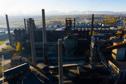 Aerial view of big industrial zone of closed metallurgical factory complex in Ostrava