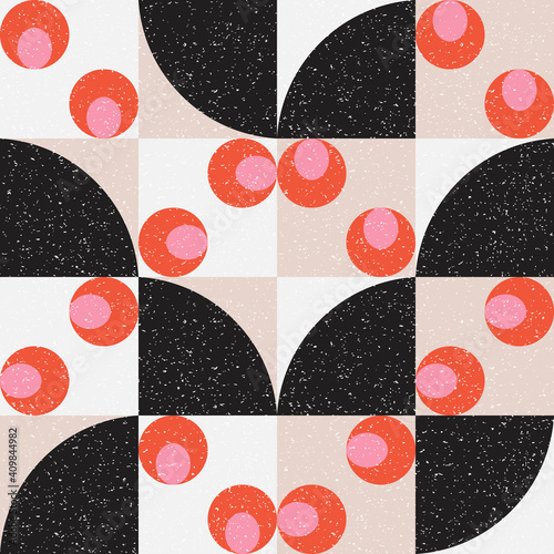 Modern vector abstract seamless geometric pattern with semicircles and circles in retro scandinavian style. Pastel colored simple shapes with separate worn out texture.