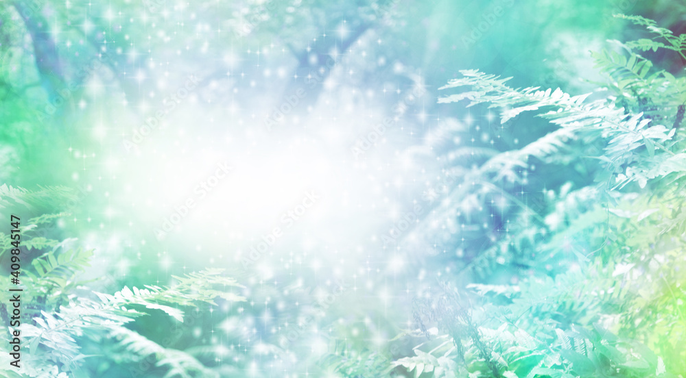 Green Shimmering Woodland Message Background - fern and trees with bright sparkling white orb and ethereal green lighting providing copy space for messages
Green Shimmering Woodland Message Background - fern and trees with bright sparkling white orb and ethereal green lighting providing copy space for messages