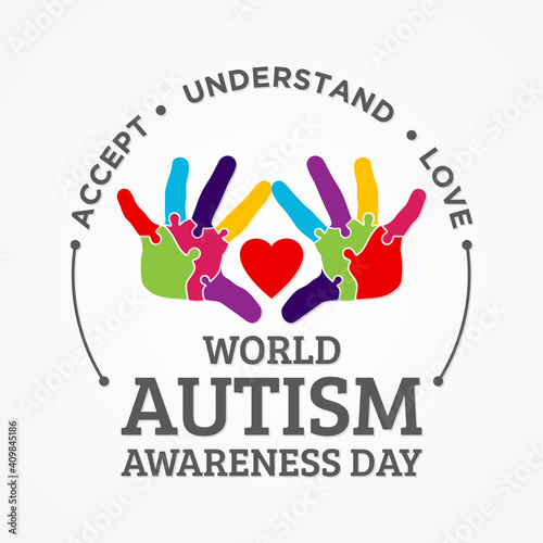Colorful design word world autism awareness day with hand puzzle