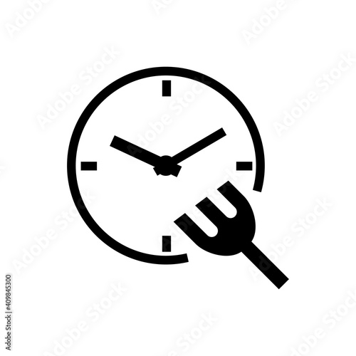 Hora de comer. Logotipo con tenedor pinchando reloj en color negro
