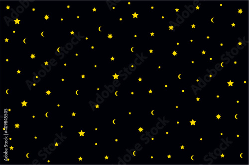 Different yellow stars and crescents on a dark background, night sky backdrop