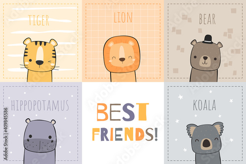 Photography Cute wild animals tiger lion bear hippo and koala friends greeting cartoon chara