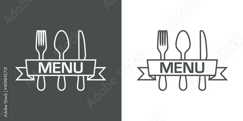 Logotipo con palabra Menu escrito en listón sobre cubiertos con lineas en fondo gris y fondo blanco