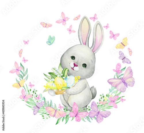 Rabbit, Easter eggs, eggs, flowers, butterflies, plants. Watercolor concept, in cartoon style, on an isolated background, for invitations, and postcards © Natalia