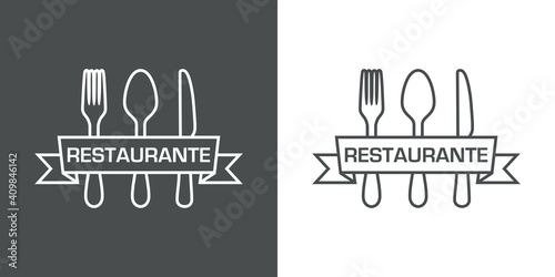 Logotipo con palabra Restaurante en español escrito en listón sobre cubiertos con lineas en fondo gris y fondo blanco