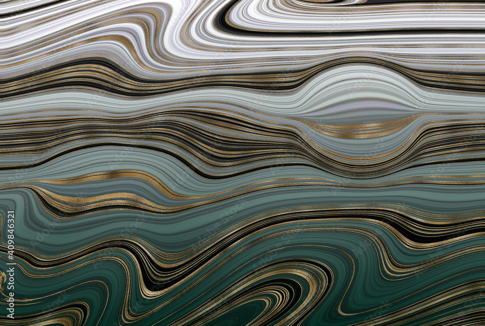 Liquid marble or fake agate texture with golden veins. Green, white, black striped marbling effect. - obrazy, fototapety, plakaty 
