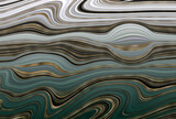 Liquid marble or fake agate texture with golden veins. Green, white, black striped marbling effect.