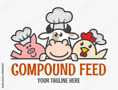 Three funny animal chefs. Compound feed logo. Chicken, cow and pig icon.