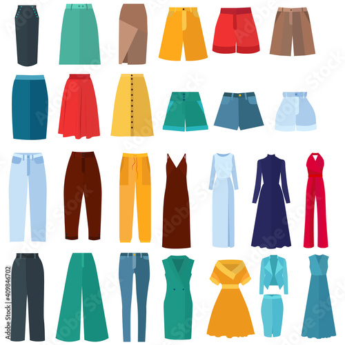 collection of women's clothing in a flat style, dress, trousers, shorts, skirt