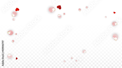 Vector Realistic Petals and Hearts Confetti. Flying Rose and Hearts on Transparent Background. Mother Day Background. Spring Romance Card.