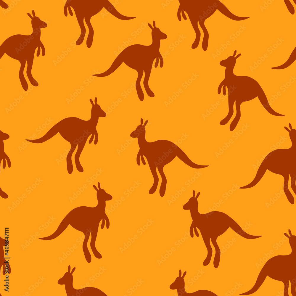 Vector flat illustration with silhouette kangaroo and baby kangaroo on fiery background. Seamless pattern on orange background. Design for card, poster, fabric, textile. Pray for Australia and animals Vector flat illustration with silhouette kangaroo and baby kangaroo on fiery background. Seamless pattern on orange background. Design for card, poster, fabric, textile. Pray for Australia and animals