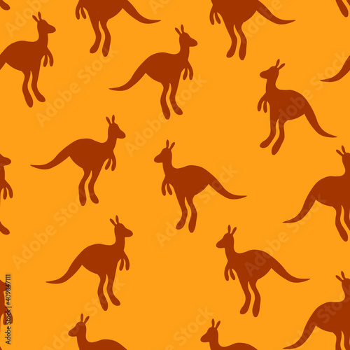 Vector flat illustration with silhouette kangaroo and baby kangaroo on fiery background. Seamless pattern on orange background. Design for card  poster  fabric  textile. Pray for Australia and animals