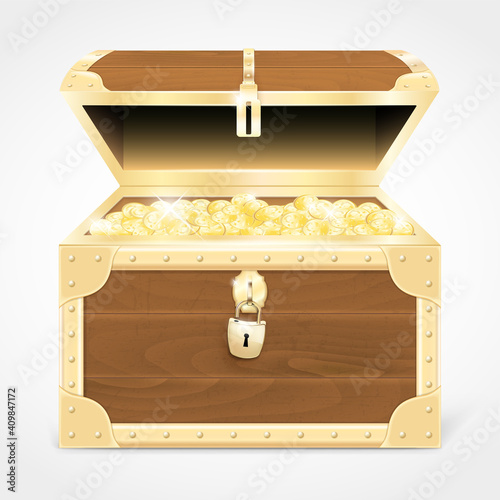 Wooden chest with gold fittings and glowing golden coins inside