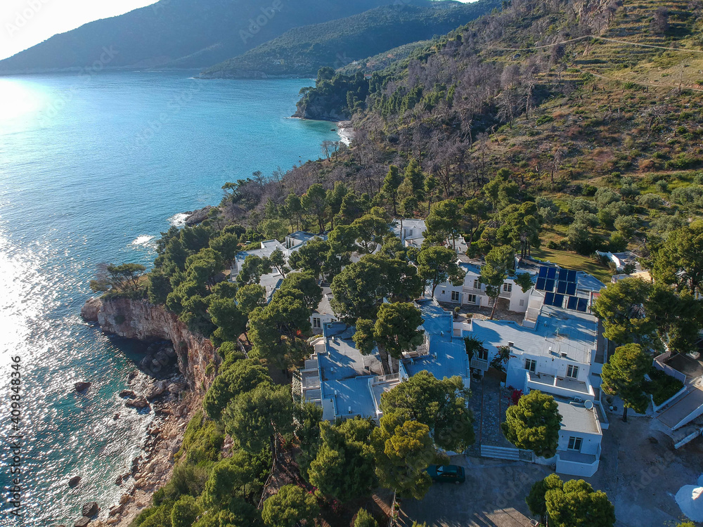 Deserted beach and modern resorts over Marpounda beach in Alonnisos island due to the measures against coronavirus pandemic disease in Sporades, Greece