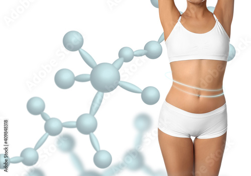 Metabolism concept. Woman with slim body and molecular chains on white background, closeup