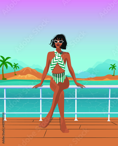 Digital illustration beautiful slender girl in a swimsuit and glasses posing against the backdrop of a seascape while riding a yacht on vacation