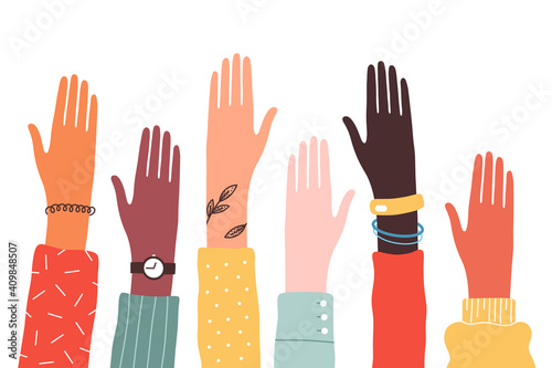 Hands of diverse group of people together raised up. Concept of support and cooperation, girl power, social community. 