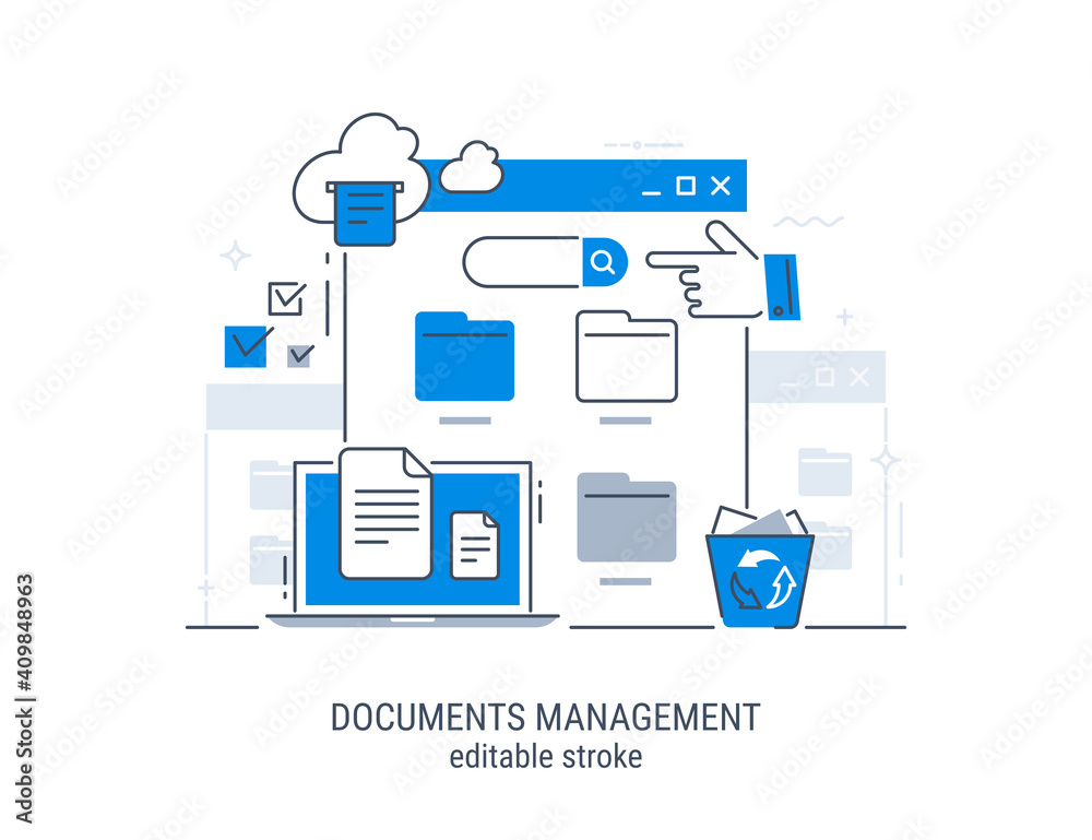 Documents management. File manager, data storage. Files search. Editable stroke vector illustration. Documents management. File manager, data storage. Files search. Editable stroke vector illustration.