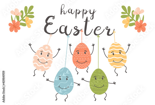 Happy Easter greeting card or cover with decorated colored eggs characters with cute faces. Different ornaments on eggs for Paschal. Flat vector illustration for spring religious holiday.