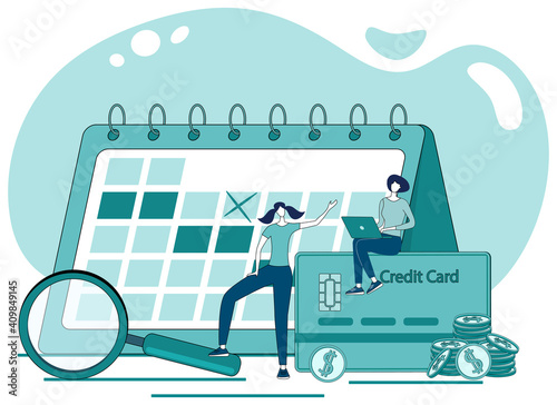 The period of bank payments.Payment of bills,cash investments, and financial payments.People are Counting the timing of your Bank statements.Flat vector illustration.