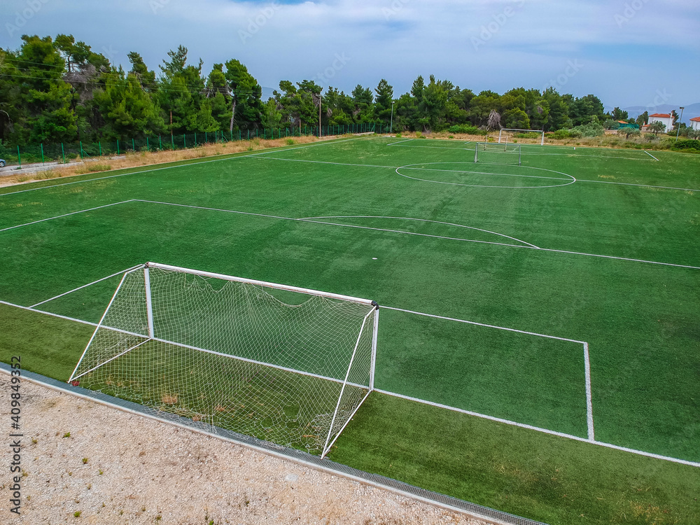 Fototapeta premium Real soccer field - Top down aerial view