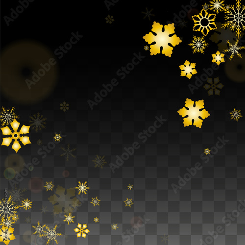 Christmas  Vector Background with Gold Falling Snowflakes Isolated on Transparent Background. Realistic Snow Sparkle Pattern. Snowfall Overlay Print. Winter Sky. Design for Party Invitation.