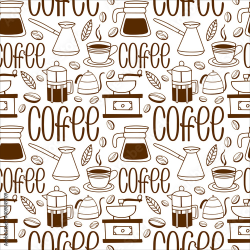 Seamless pattern on a coffee themed in the style of doodling. Hand lettering coffee, coffee accessories. For the design of coffee shops, posters, advertising, posters, postcards