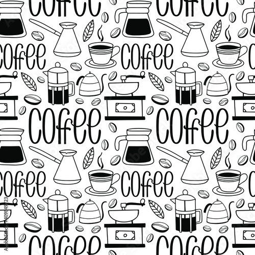 Seamless pattern on a coffee themed in the style of doodling. Hand lettering coffee, coffee accessories. For the design of coffee shops, posters, advertising, posters, postcards