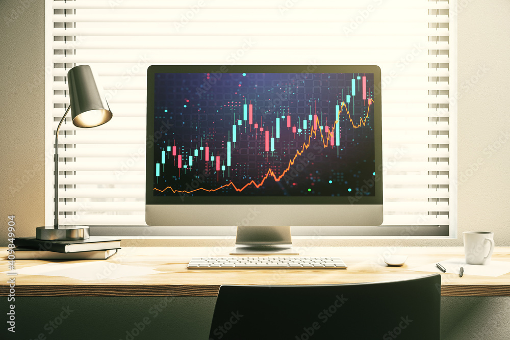 Modern computer screen with abstract creative financial chart, research and analytics concept. 3D Rendering