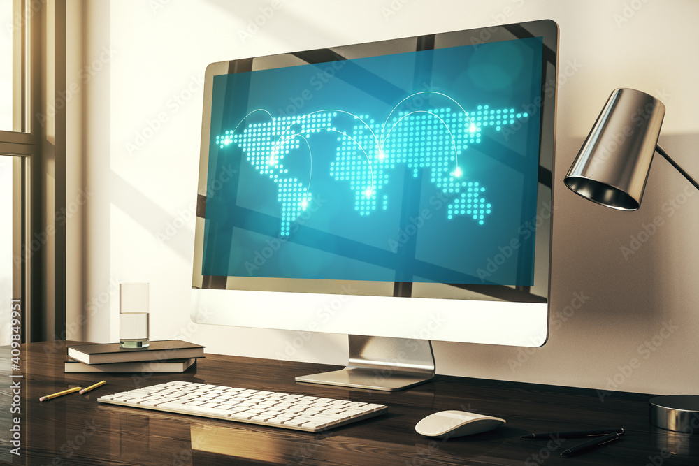 Abstract creative world map with connections on modern laptop screen, international trading concept. 3D Rendering Abstract creative world map with connections on modern laptop screen, international trading concept. 3D Rendering