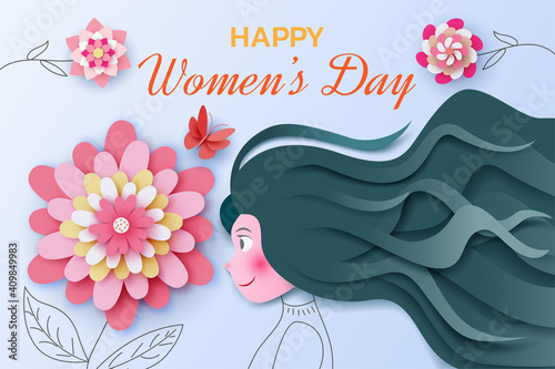 International women's day with girl and flowers in paper style