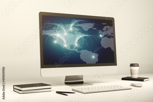 Modern computer monitor with abstract digital world map with connections, research and strategy concept. 3D Rendering