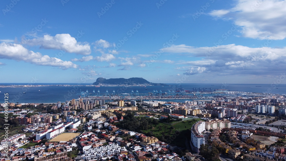 Fototapeta premium Algeciras drone high view, we can also see the gibraltar rock in the background of the photo.