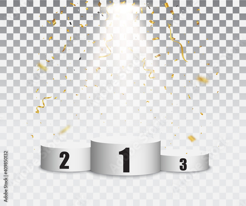 Podium background with gold confetti and light 