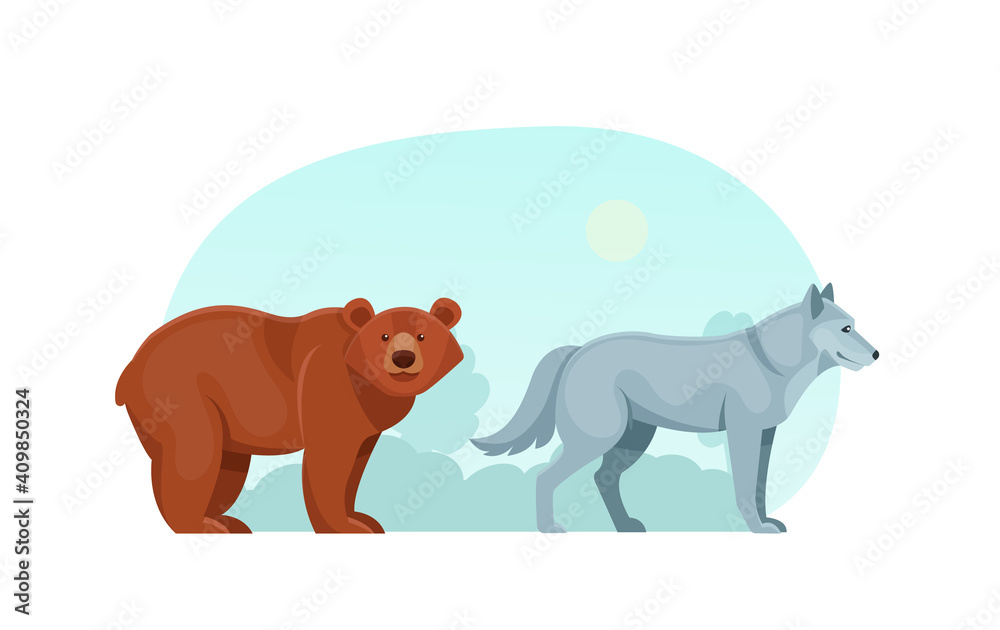 Woodland forest animals. Cute wild forest animals brown bears and wolf