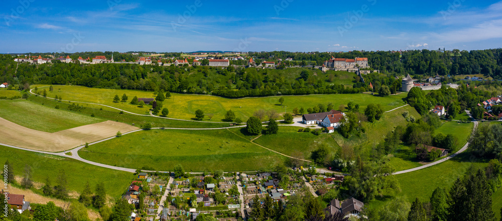 Aerial view of the city Burghausen in Germany, Bavaria on a sunny spring day	