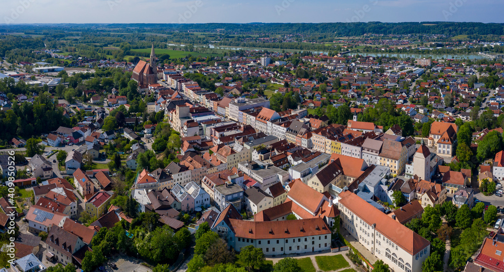 Aerial view of the city Neuötting in Germany, Bavaria on a sunny spring day noon.	