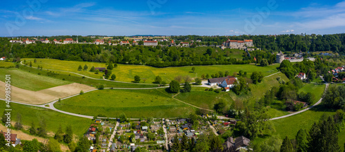 Aerial view of the city Burghausen in Germany, Bavaria on a sunny spring day 