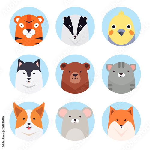 Cartoon animal, bird round stickers, avatars. Flat style vector illustrations clipart collection of cute animals characters. Pets, farm, zoo icon set for baby clothes, card, invitation templates.