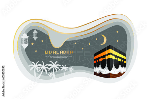 Eid Al Adha Papercut Design with Ka'bah Illustration