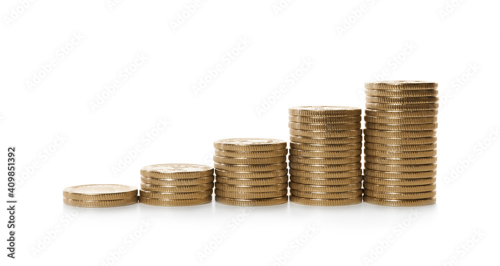 Stacked coins on white background. Investment concept Stacked coins on white background. Investment concept