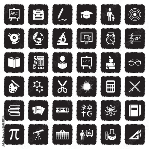 School Icons. Grunge Black Flat Design. Vector Illustration.