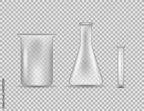 Set of realistic test-tubes and glass jars of various shape with measuring scale isolated vector illustration.