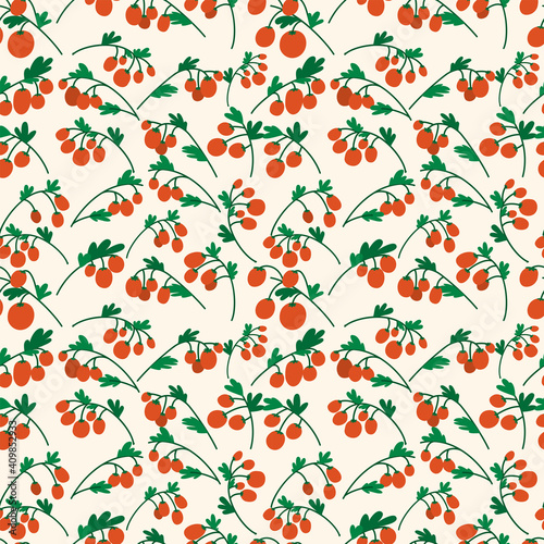 Vector seamless pattern with red cherry tomatoes on branches