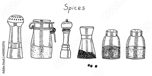 Spice jar set, vector illustration, hand drawing, sketch