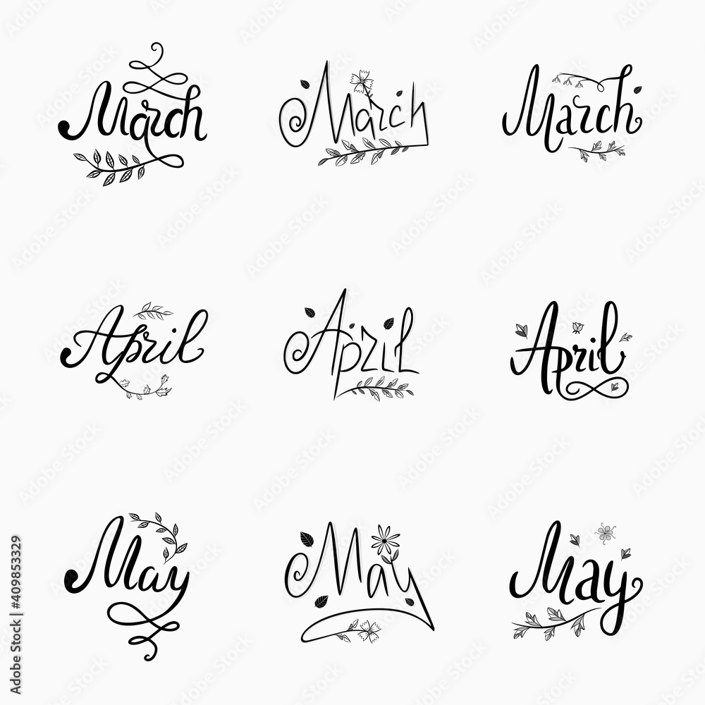 Vector set of handwritten lettering spring months, March, April, May, black text with decor on a white background. Vector set of handwritten lettering spring months, March, April, May, black text with decor on a white background.