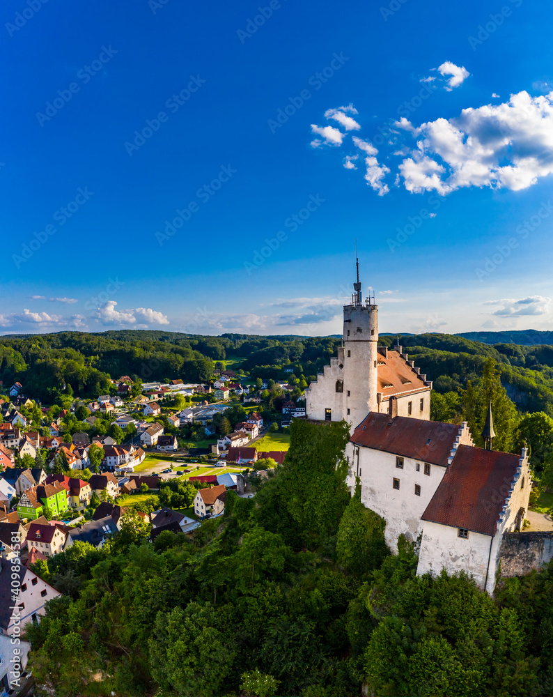 Aerial view, Gößweinstein with castle and pilgrimage church to the Holy Trinity, Franconian Switzerland, Upper Franconia, Franconia, Bavaria, Germany