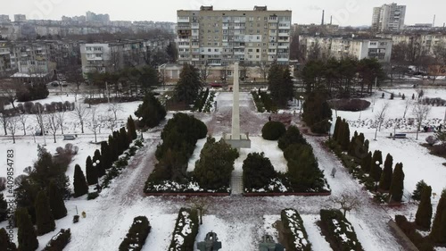 
alley of memory of the fallen soldiers, Snow-covered walk of glory of the 2nd Great Patriotic War, drone shooting