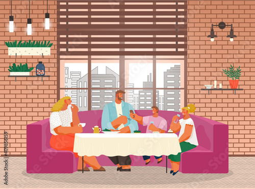 Family have lunch in restaurant or cafe, people eating delicious food, little boy give food to man, people enjoy of meal, hungry father, mother and son, daughter eat, big windows, stylish interior